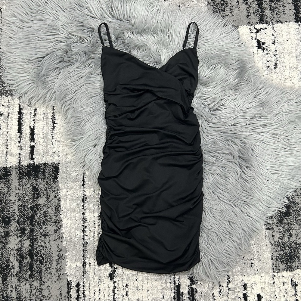 Women's Black Bodycon Ruched Satin Mini Dress Size XS